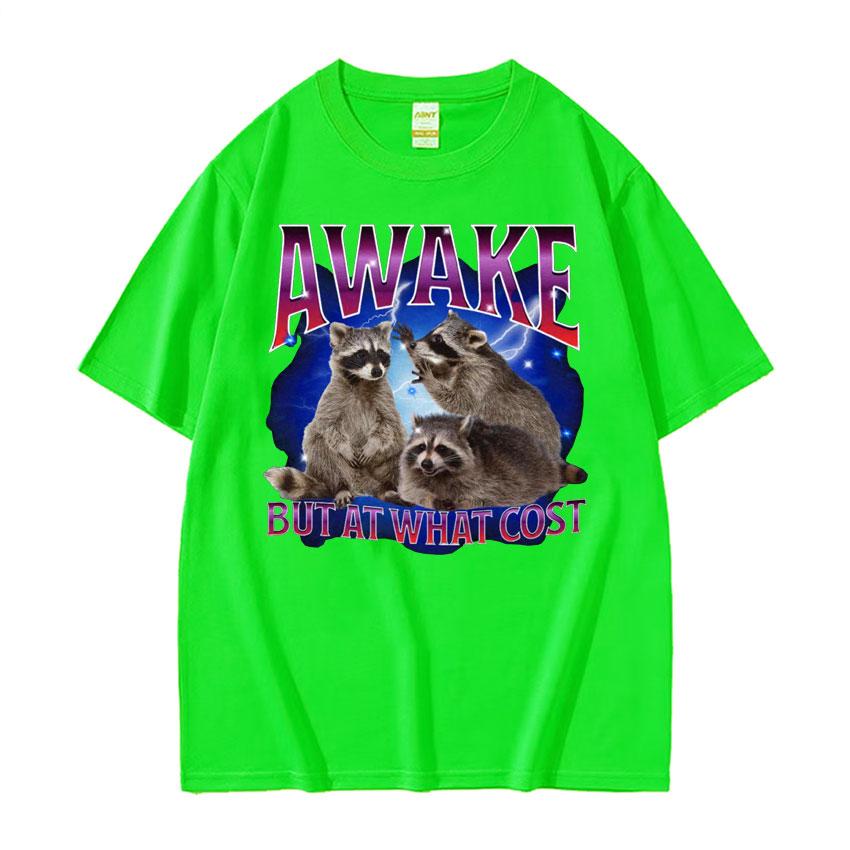 Awake But At What Cost Meme T Shirt Retro Raccoon Funny Gift T Shirts Men Womens Clothing ONeck Oversized Short Sleeve Tshirt