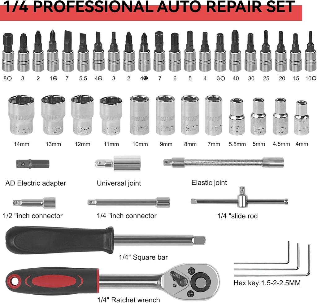 46PCS Master Mechanic Tool Kit with 3/8" Ratchet, SAE/Metric Sockets, Torx/Hex Bits, Extension Bars - Professional Grade