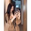 Celebrity Bow V-neck Long-sleeved Chiffon Dress for Women's Autumn and Winter Waist and Thin Temperament A-word Short Skirt