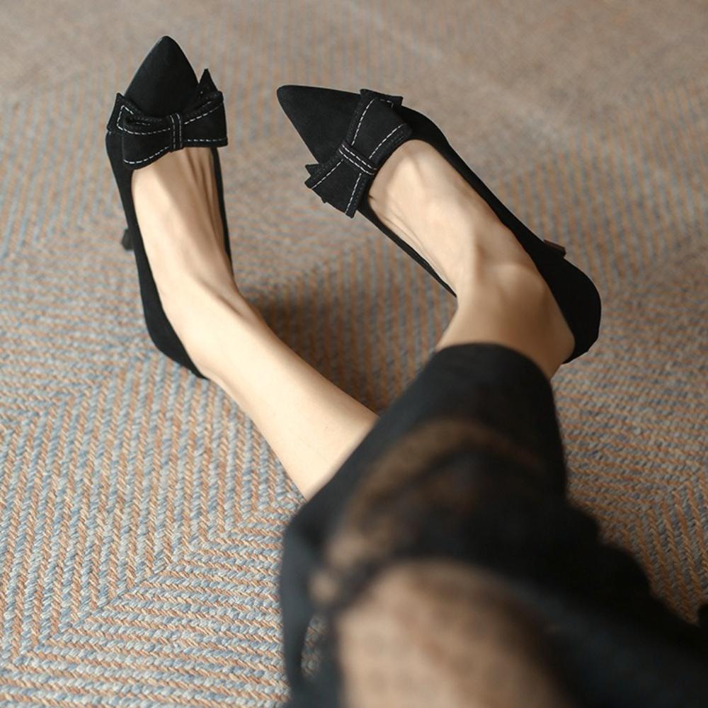 2025 New Spring Autumn Women's French High Heels - Pointed Toe Stiletto Low Heel, Elegant Black Bowknot Single Shoes XCY-6688-5
