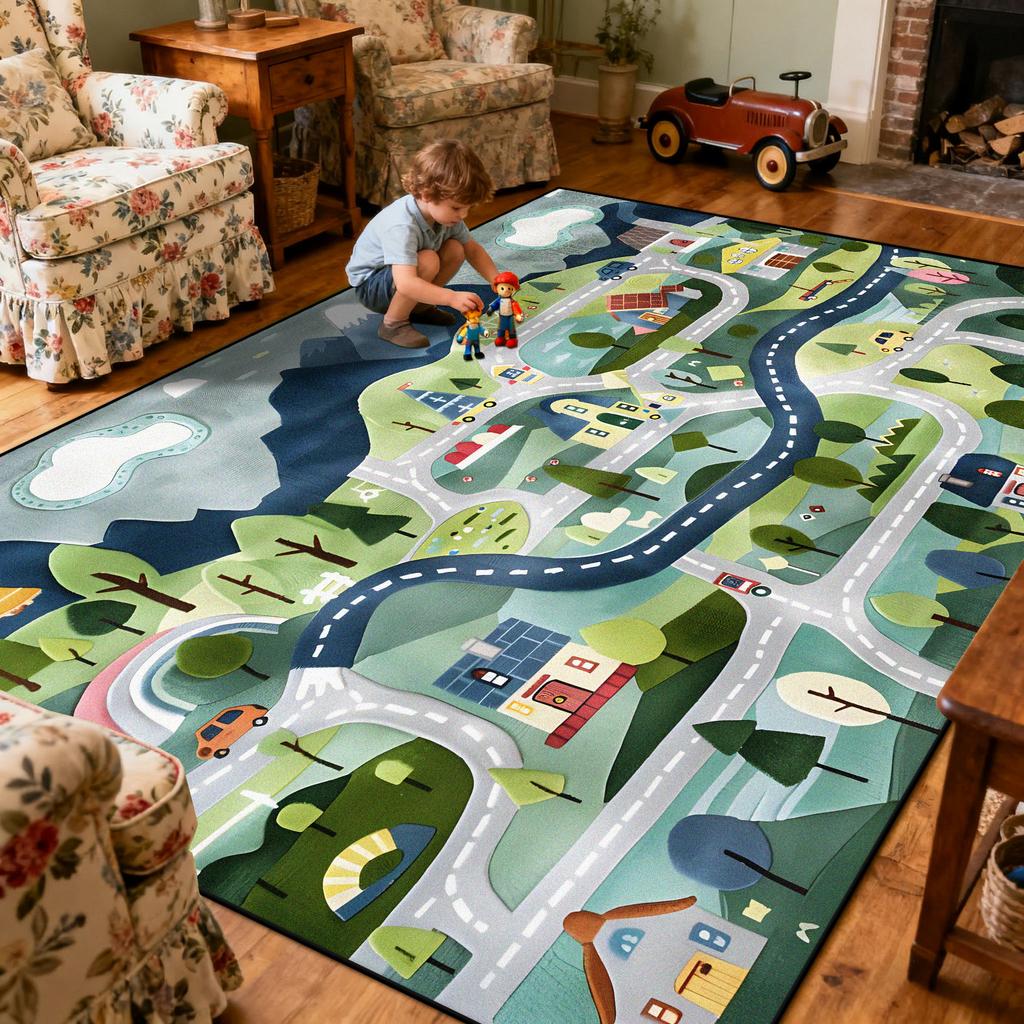 Children Amusement Park Living Room Carpet Thickened Short Velvet Cartoon Road Large Rugs Decor Bedroom Baby Crawling Mat Floor