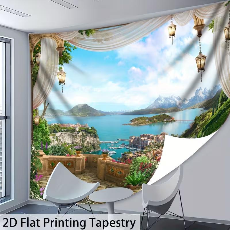 2D Italian Riviera Tapestry Curtain Balcony View Wall Hanging