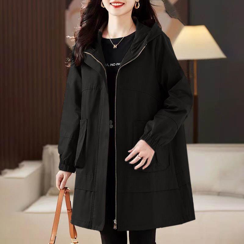 Large Size Women Hooded Trench Coat Jacket Medium-length Loose Casual Versatile Coat