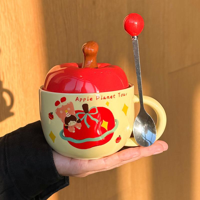 Apple Water Cup Cute Ceramic Cup Mug with Lid Spoon New Year's Birthday Gift for Girls