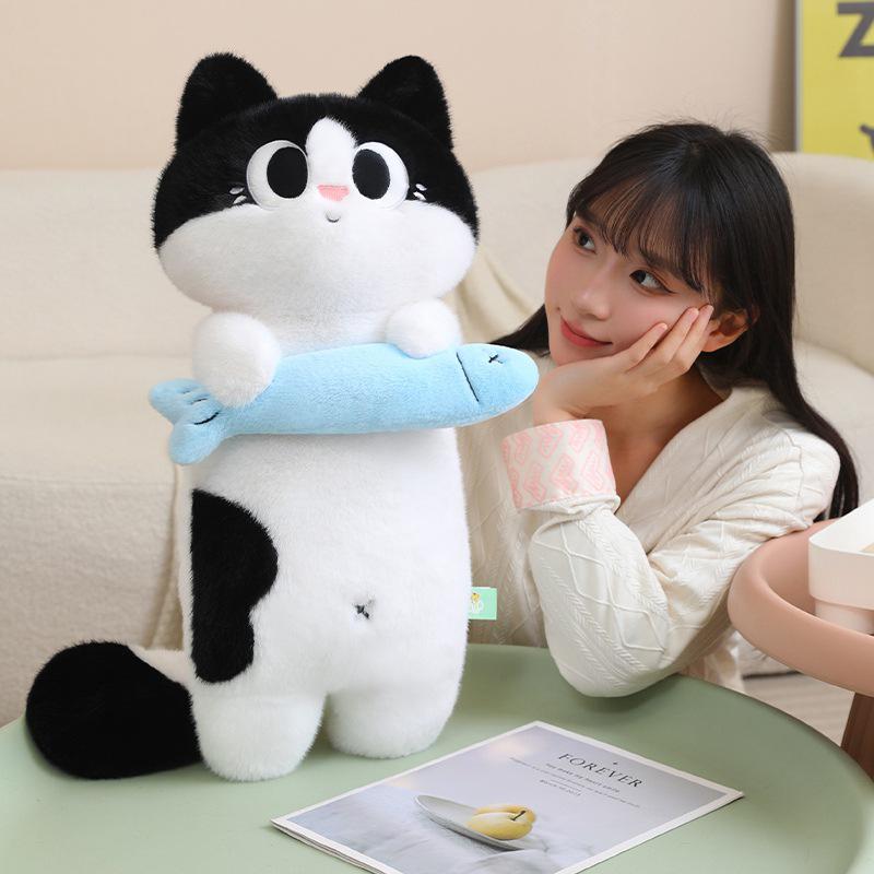 Siamese Cat Plush Fish-Catching Doll Pillow – Perfect Birthday Gift for Kids and Cat Lovers.