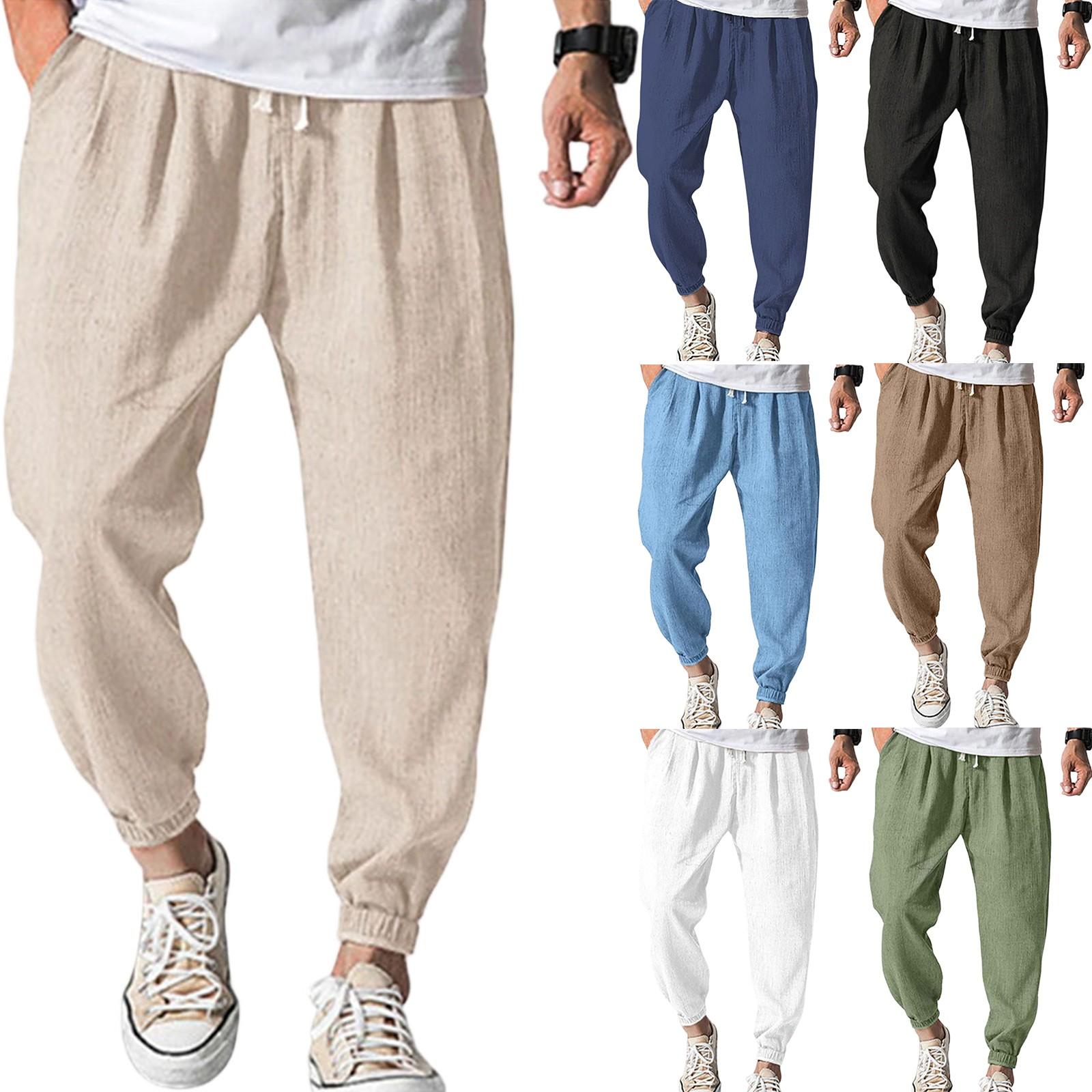 

Men s Linen-Cotton Casual Trousers - Elastic Waist Drawstring, Breathable, Ankle-Cuffed Solid Color Pants XXXL