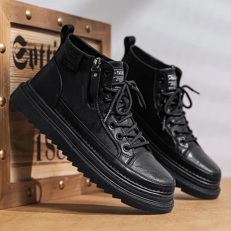 Fashion New Men's High-top Leather Casual Shoes Black Thick-soled Business Shoes for Men Classic Trendy All-match Zipper Mens Sneakers
