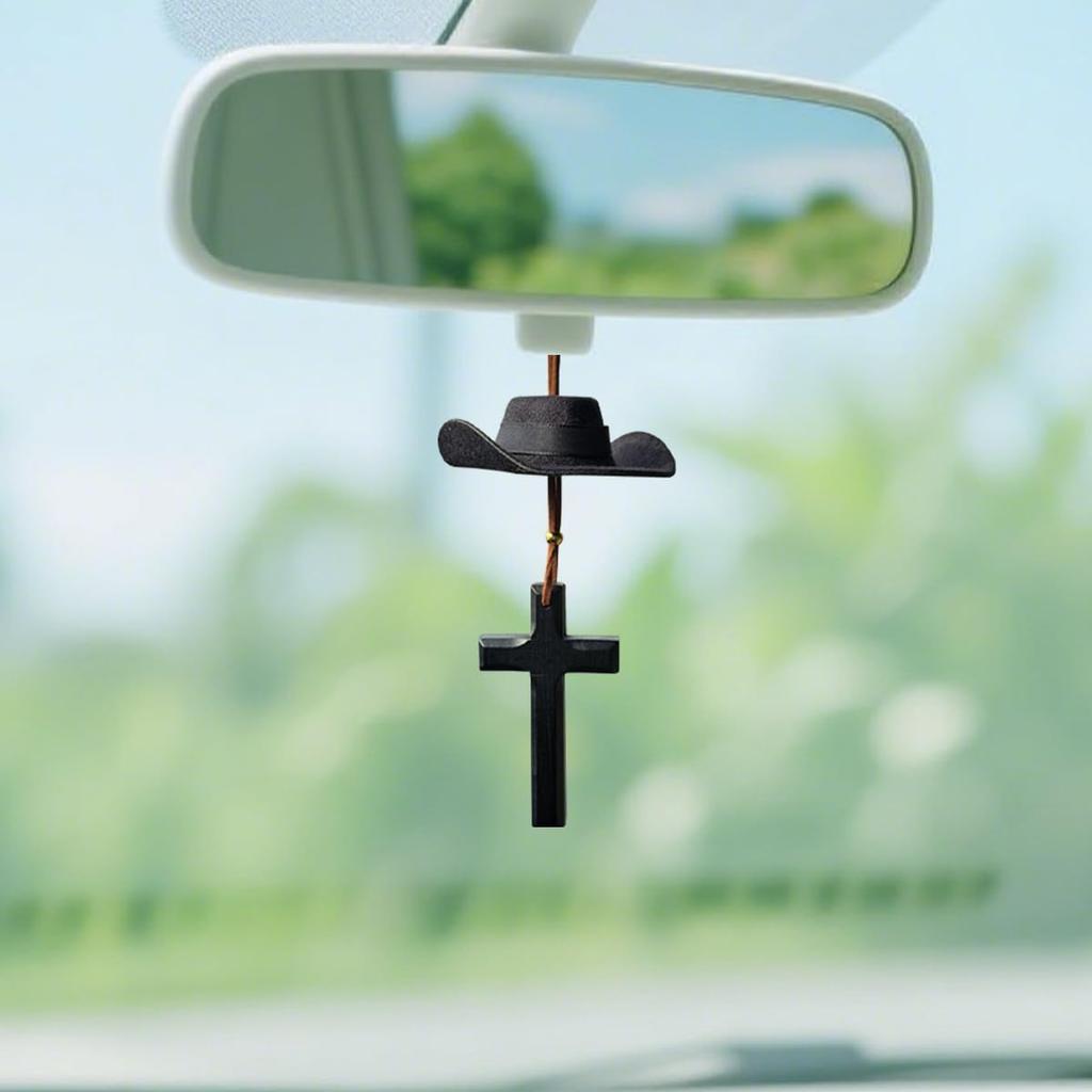 Zpana Cowboy Hat Car Hanging Charm with Cross, Felt Miniature Western Country Vehicle Rear View Mirror Pendant, Cute Mirror Decor Ornament, Universal