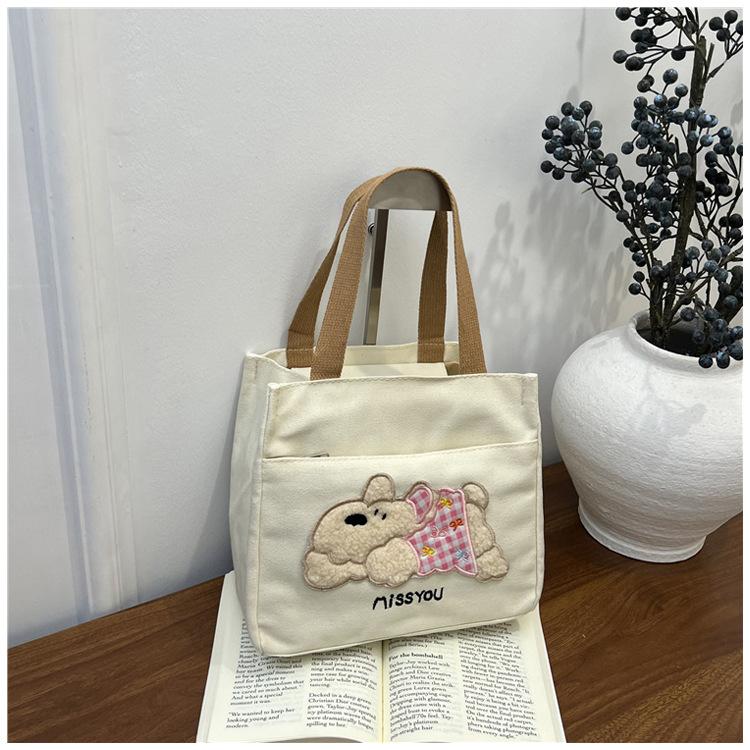 Trendy Canvas Shoulder Bag for Women Large Capacity Cute Bear Print Lunch Tote Handle Bag Comfortable and Texture Storage Bags
