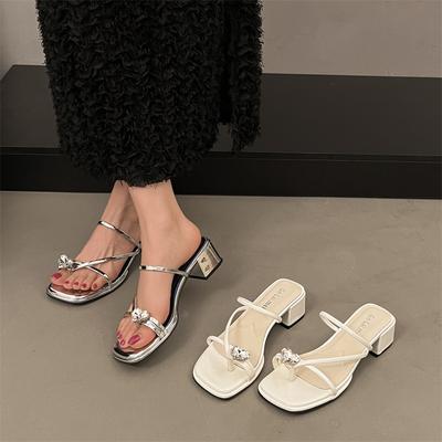 Fashion Temperament Silver High-end Thick High-heeled Flip-flops Women's Summer Outer Wear Heightening Square Head Cool Slippers