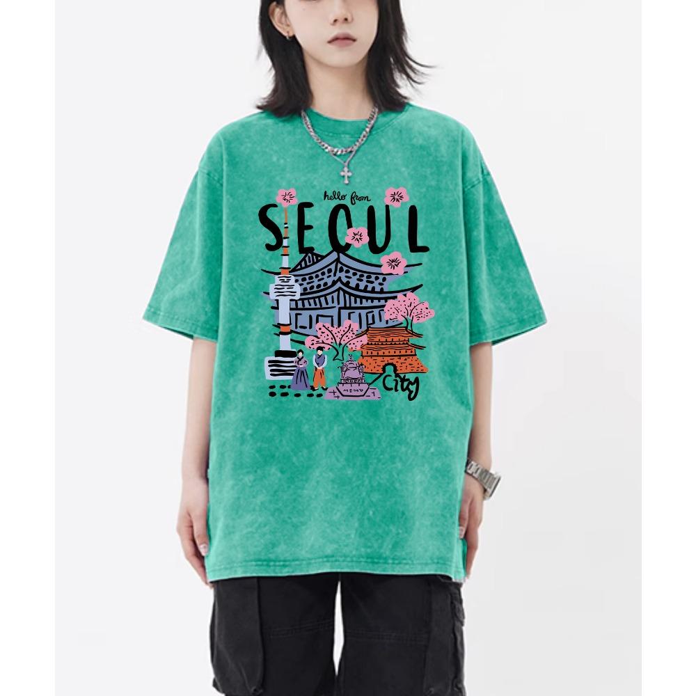 Seoul Beautiful Scenery Printed Washed T-Shirt Female Breathable Cotton Cool Tee Shirt Summer Snow Wash Clothing