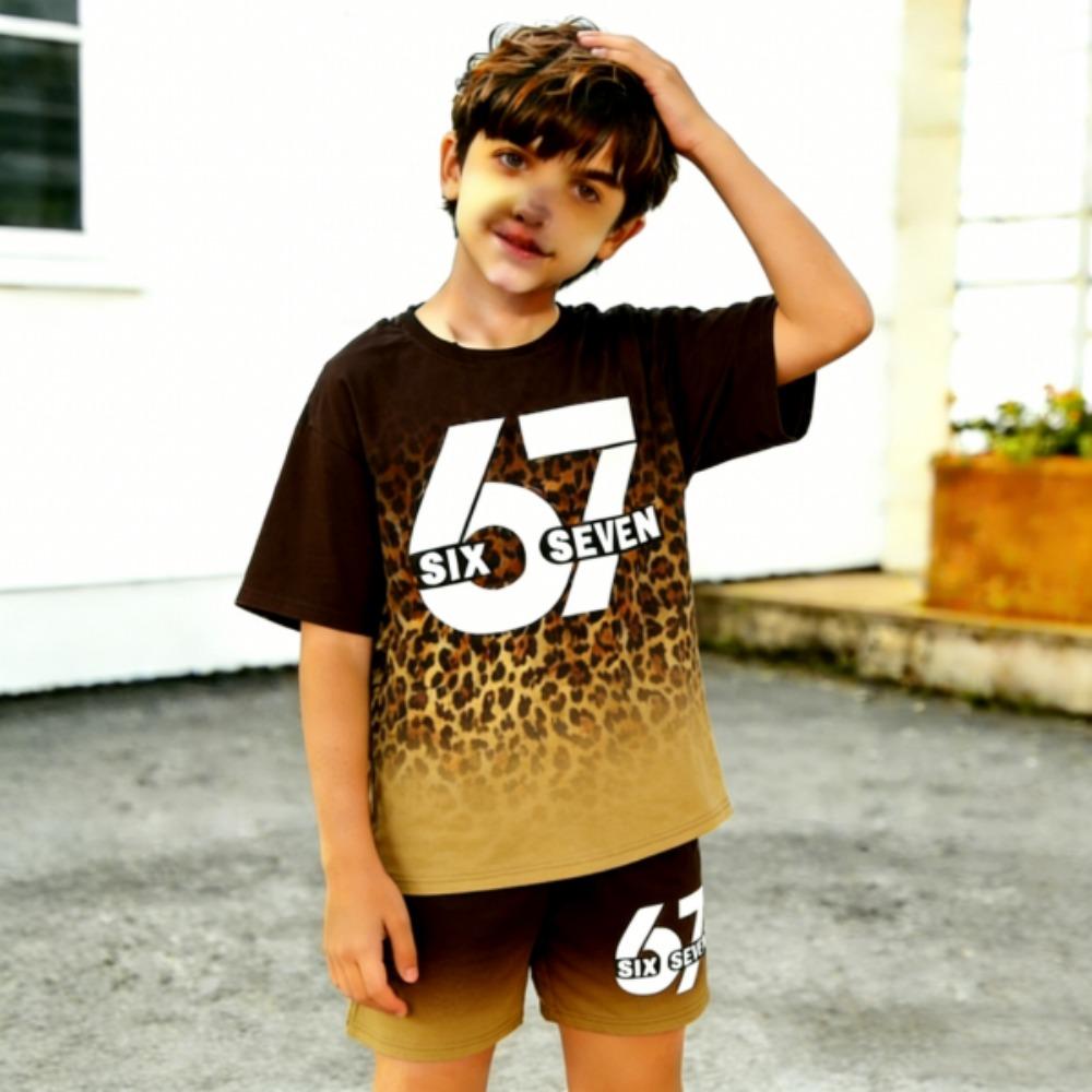 Fashion Leopard 67 Gradient Printed Kids T-shirt and Shorts 2 Piece Set Summer Casual Outfit for Boy s and Girl s Kids Clothing Top 100