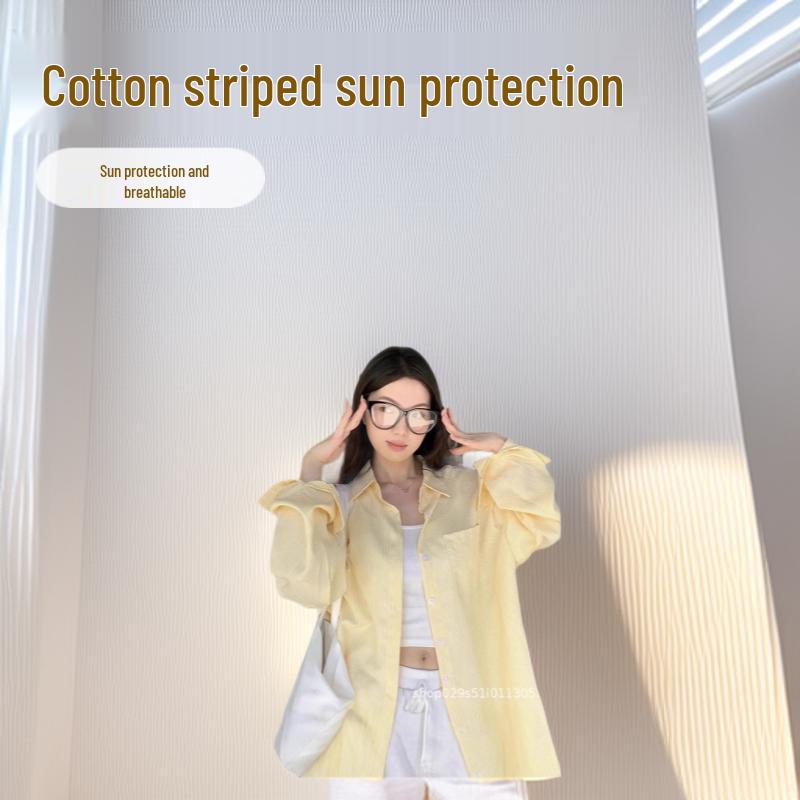 Yellow Striped Cotton Long Sleeve Korean Casual Blouse with Turn-Down Collar, Sun Protection, Spring/Autumn Cardigan.