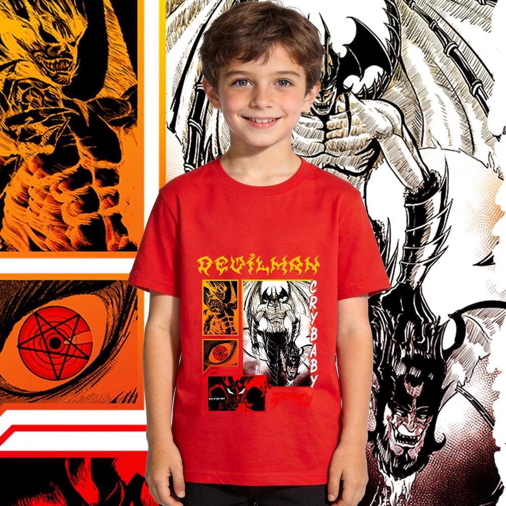 Devilman Crybaby Anime Print Jungen Mädchen Baumwolle T-Shirt Lässiges Tee Kinder Sommer Kurzarm Top Weich Atmungsaktiv Tägliches Tragen