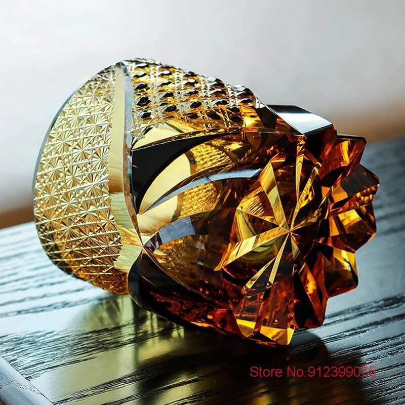 3D Relief Royal Court XO Whisky Tasting Cup Japanese Edo Kiriko Crystal Wine Glasses Manual Diamond Cut Amber Gem Whiskey Glass