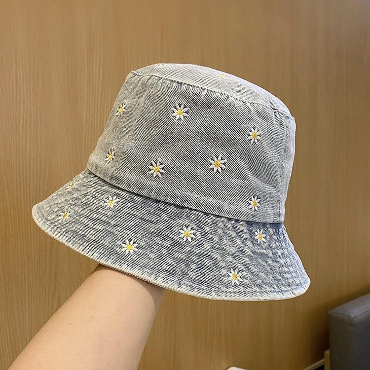 Spring and Summer Hat Women's Foldable Embroidered Flower Denim Bucket Hat Women's Trendy Retro Old Versatile Washbasin Hat