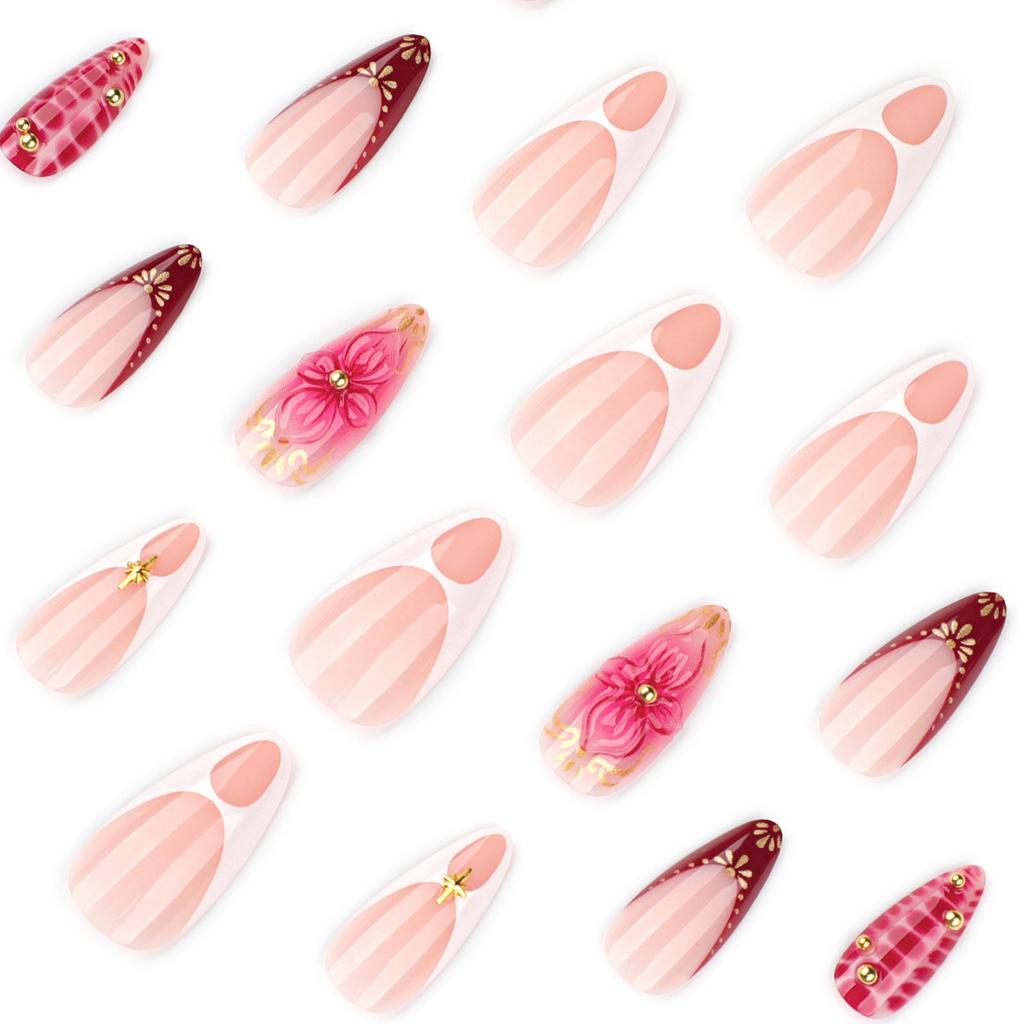 3D Ombre Floral Short Almond Wearable Nails – European & American Style