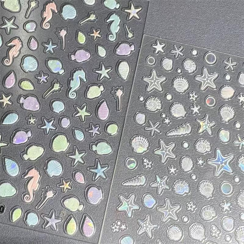 1 Sheet Ocean Shell Jellyfish Nail Stickers Colorful Shell Conch Seastar Adhesive Nail Decal Mermaid Aurora Beach Shell Slider