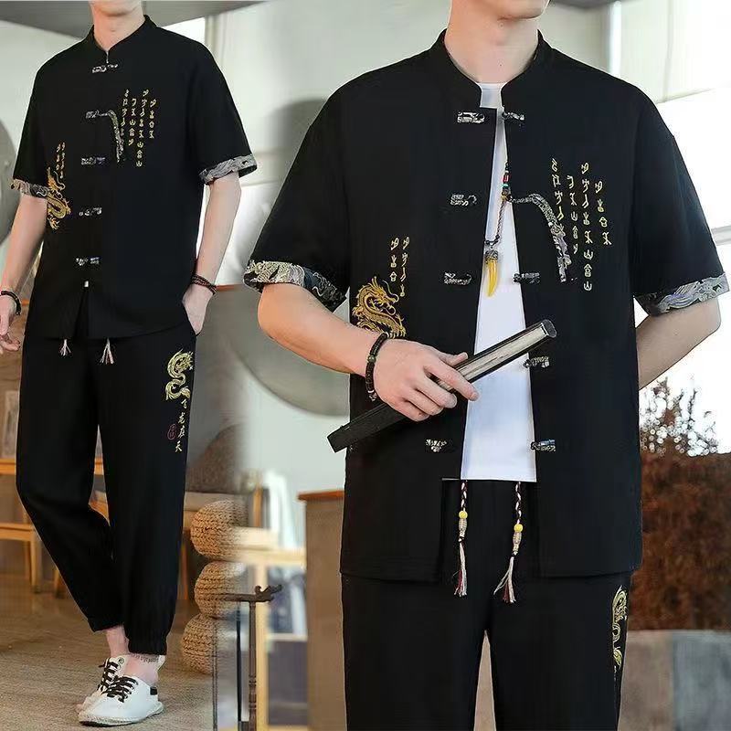 Men's Spring and Summer T-shirt + Trousers Two-piece Ethnic Hanfu Suit 4XL