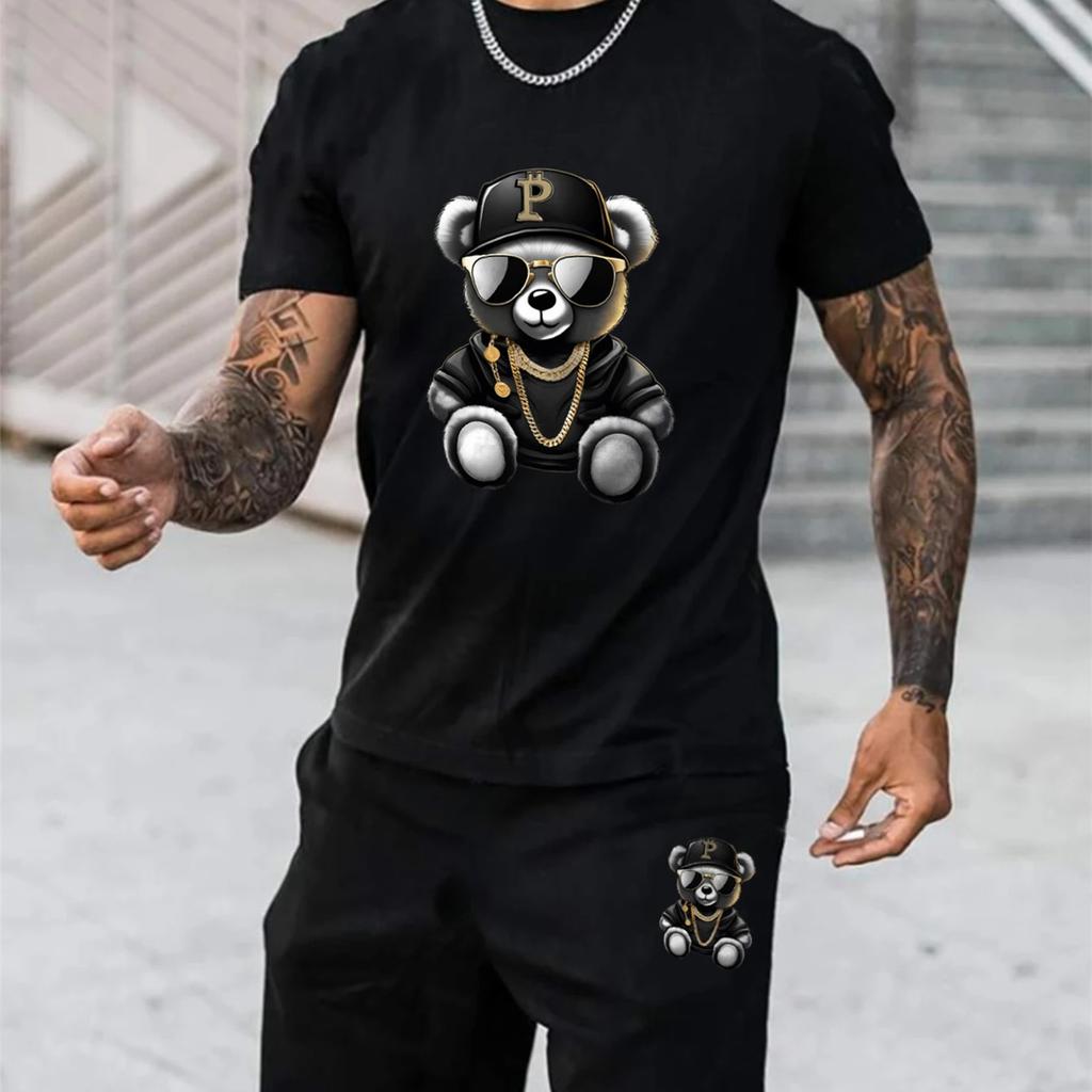Men's Short-sleeved Shorts Summer Suit Men's T-shirt Trend Printing Round Neck Men's Suit with Sports Two-piece Men's Suit