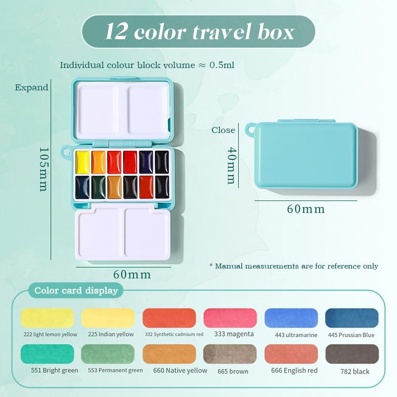 12/24 Colors Portable Travel Watercolor Palette With Waterbox Mini Paint Box Sketchbook Water Brush Student Outing Art Supplies