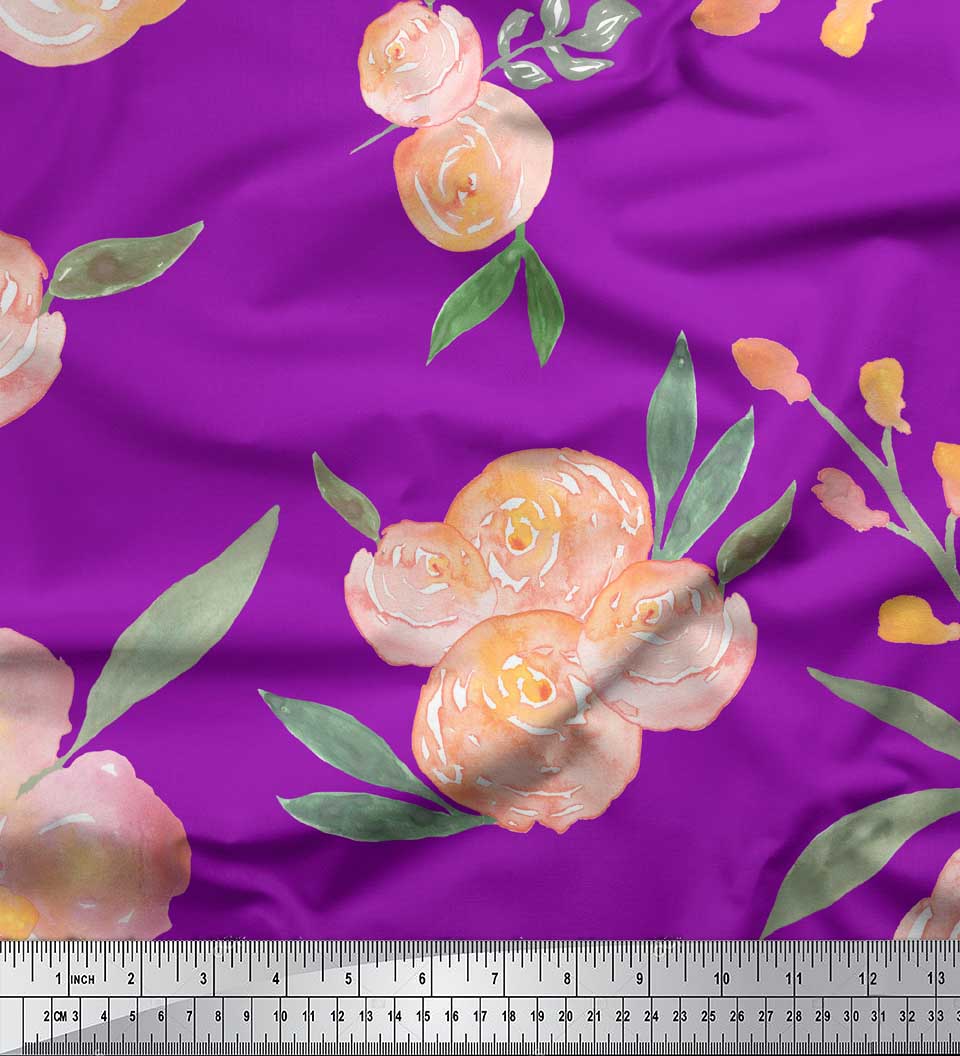 

Тканина для рукоділля з японським креповим атласом Soimoi Black Leaves & Ranunculus Watercolor Printed Тканина для рукоділля на метри 42 дюйми 42 Inch Wide - Poly Crepe фіолетовий