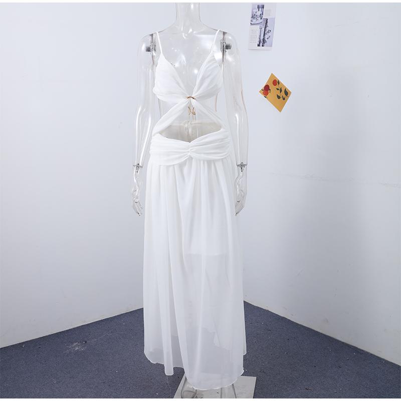 Sexy Hollow Out Long Dresses for Women Pleated V Neck Halter Sleeveless Backless Female Dress Fashion Solid Color A-Line Lady Dresses