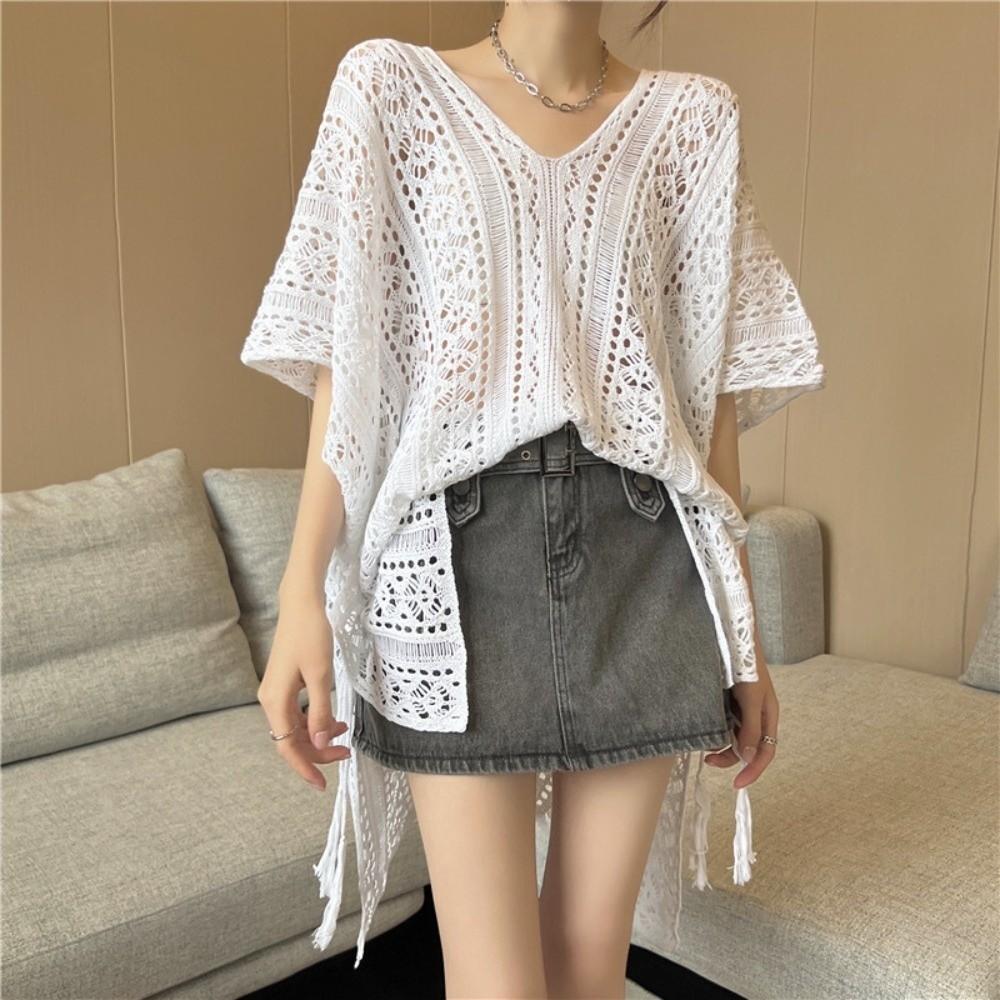V-neck Hollow Out Swimsuit Cover Up Oversized Beach Wear Leisure Knitted Bikini Cover Up  Pool