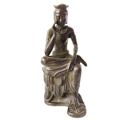 Mimori Maitreya Bodhisattva Miniature Buddha Statue, Half-Knee Pensive Position, Copper with Antiqued Brass Finish, 6.3cm Tall, Compact and