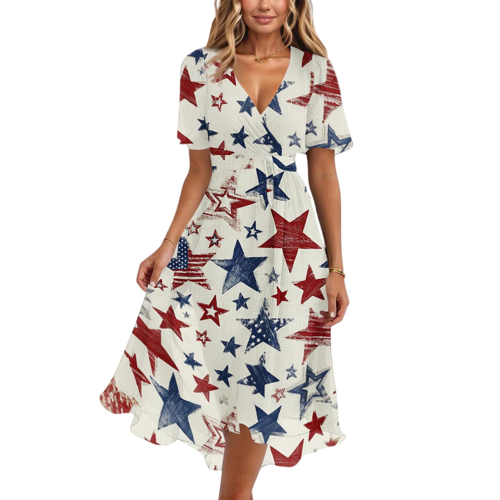 

Women s Casual V Neck Short Sleeve Dress with Abstract Star and Stripe Print Midi Length Comfortable Fit for Everyday Wear XXL
