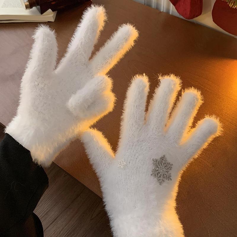 White Snowflake Knitted Wool Gloves for Women To Keep Warm In Winter, Thickened, Furry, Student Cycling, Cold and Windproof, Finger Separation