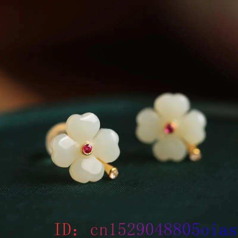 

Natural Green Real Jade Clover Earrings Amulets Women Fashion Jewelry Lucky Ear Studs Gemstone Accessories Luxury Stone