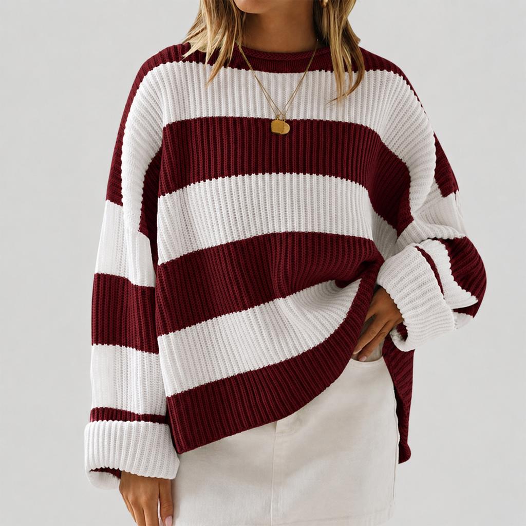 Women's Striped Neck Sweater with Long Bell Sleeves, Loose Fit Knit Pullover