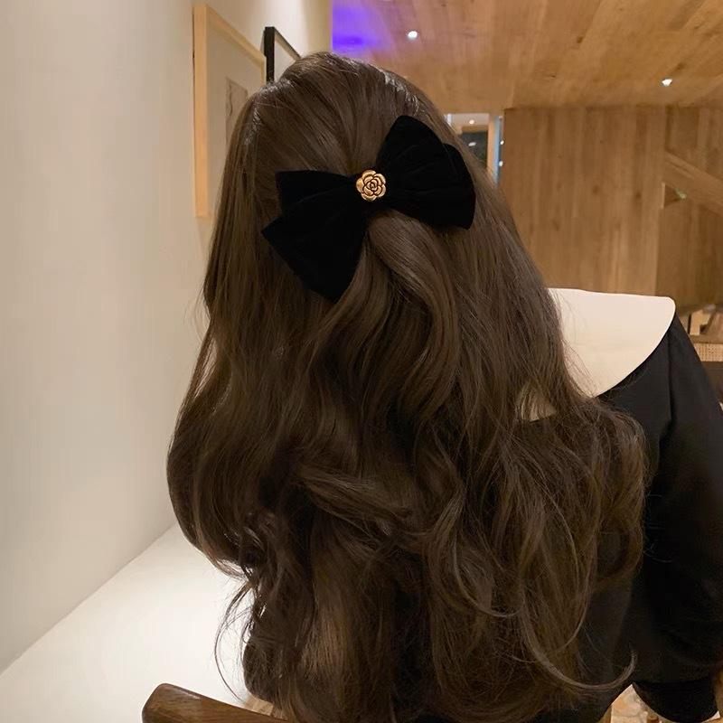 Nouvelles épingles à cheveux en velours noir avec nœud et ruban, élégantes pinces à cheveux camélia en tissu pour femmes, accessoires de coiffure tendance pour queue de cheval