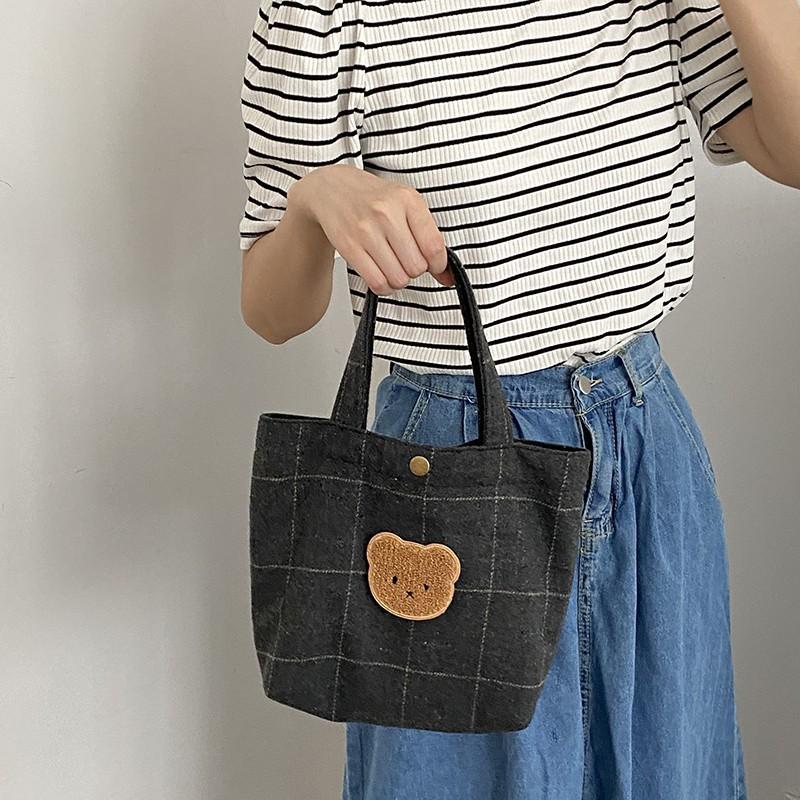 Spring and Autumn New Woolen Bear Embroidered Handbag Women's New Simple Small Bag Canvas Bag Large Capacity