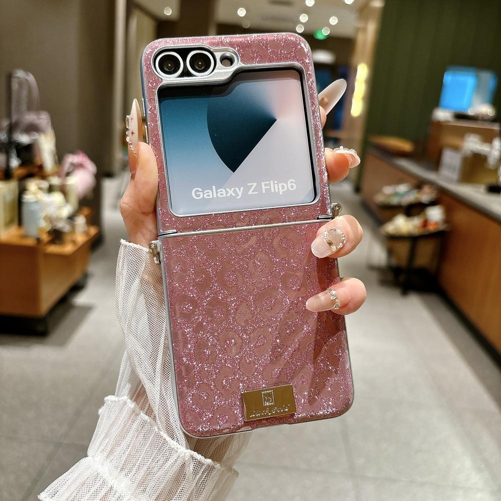 Shimmering Leopard Print Phone Case for Samsung Z Flip 8 flip7 fe Galaxy Z Flip 7 6 5 Silver-edged Side Buckle Protective Cover