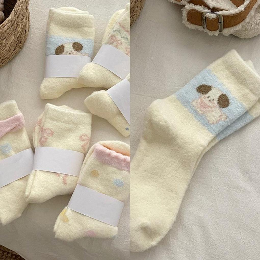 Women s Winter Fleece Thick Mid-Calf Pink Puppy Socks ONE
