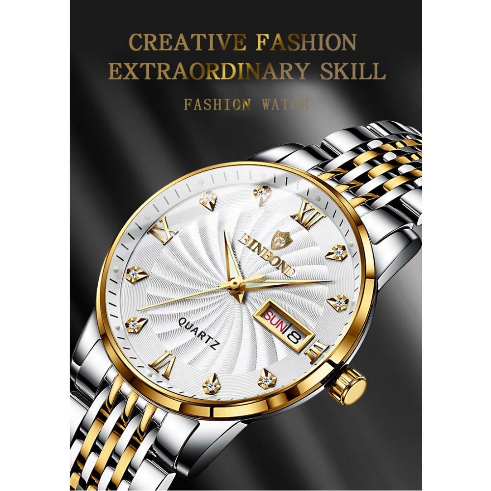BINBOND Quartz Watches for Men Luxury Luminous Waterproof Precise Auto Date Week Display Men's Watch Casual Sturdy Reloj