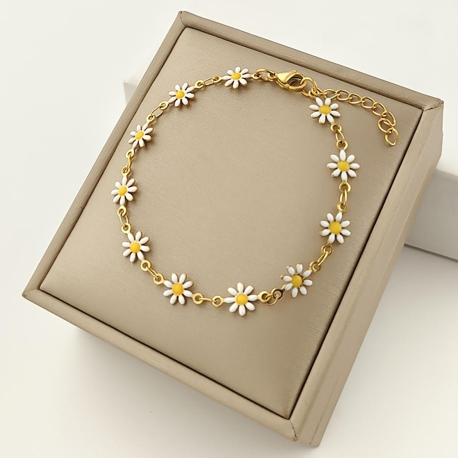 1pc Exquisite Enamel Daisy Flower Stainless Steel Ladies Bracelet Bohemian Style, Vacation Fashion Accessory