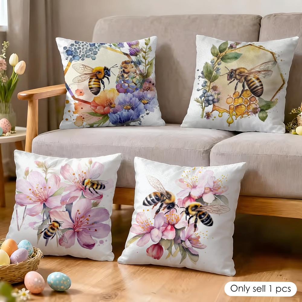 Watercolor beeflowers Cushion Cover Soft Plush Fabric DoubleSided Printed Cushion Covers for All Seasons Modern HomeDecor Gift