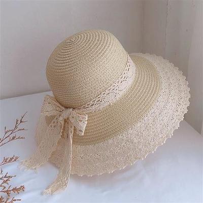 Chapeau d'été à larges bords 2026 Style français Chapeau de paille en dentelle avec nœud Chapeau de paille élégant pour femmes pour l'été la plage les voyages la randonnée