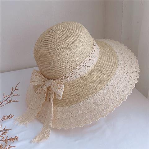 

2026 Wide Brim Summer Hat French Style Lace Straw Hat with Bowknot Elegant Women Straw Hat for Summer Beach Traveling Hiking 54-59cm бежевий