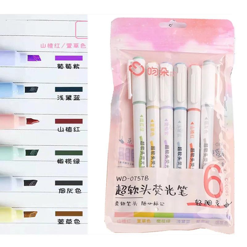 Zestaw 6 szt. Miękka Końcówka Kolory Makaronowe Zakreślacz Kawaii Markery Długopisy DIY Album na Zdjęcia Dziennik Fluorescencyjny Kolekcja Japońskie Artykuły Papiernicze