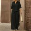 Women's 2 Piece Sets Casual Short Sleeve Lapel V Neck Top And Wide Leg Pants Summer Travel Vacation Lounge Outfits