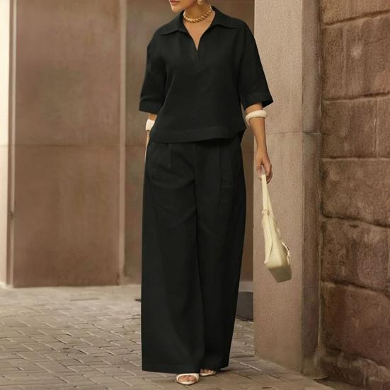 Women's 2 Piece Sets Casual Short Sleeve Lapel V Neck Top And Wide Leg Pants Summer Travel Vacation Lounge Outfits