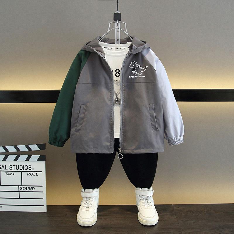 Children's Casual Coat 2025 Spring and Autumn Boys Fashion Hooded Cartoon Dinosaur Jacket