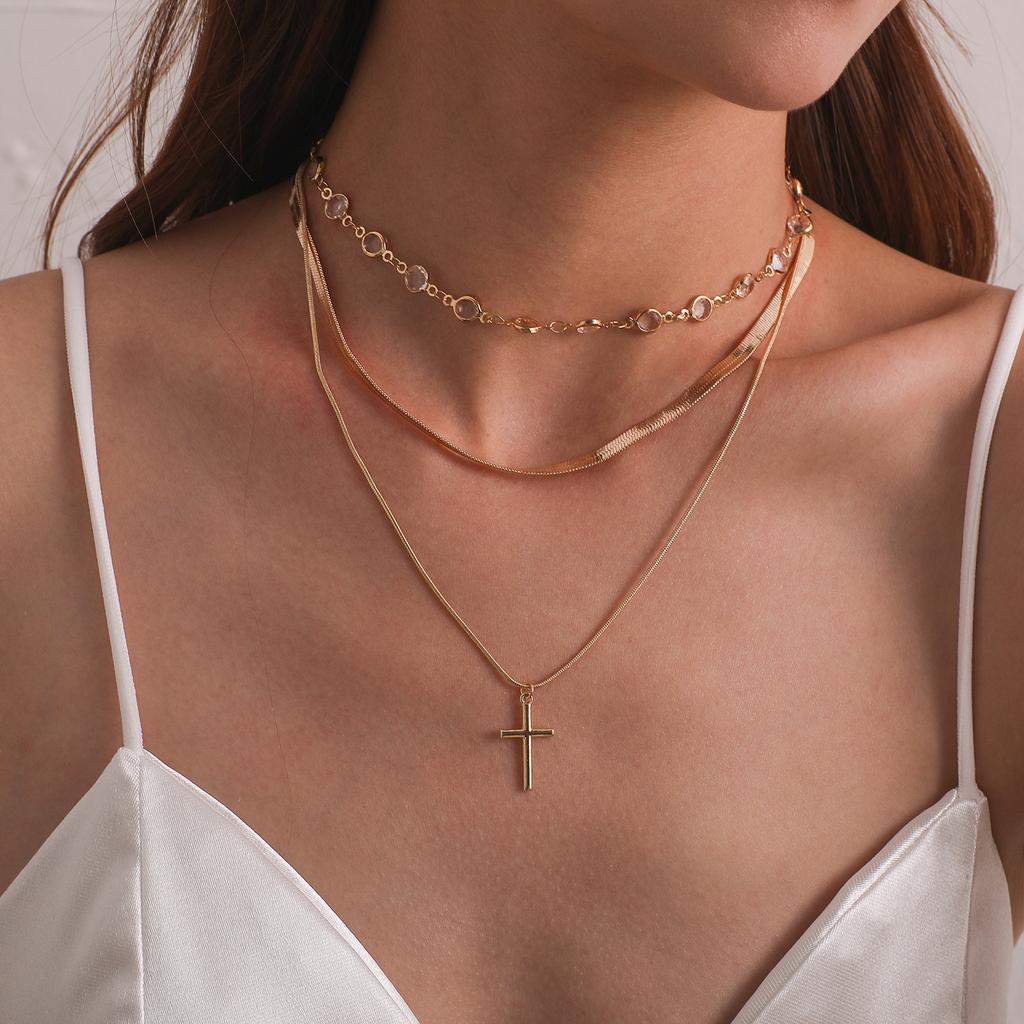 Rhinestone Neck Chain Cross Pendant Necklace Women's Temperament Multi-layer Fashion Jewelry