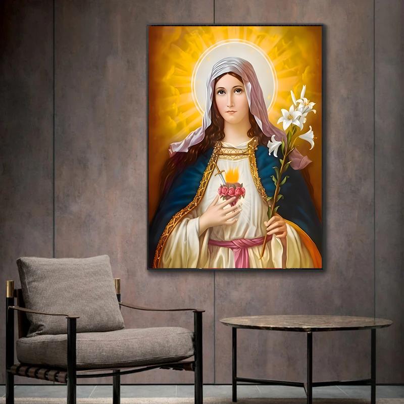 Catholic Christian Wall Art Holy Jesus and Virgin Mary Canvas Oil Painting Religious Home Decor Poster Prints Pictures