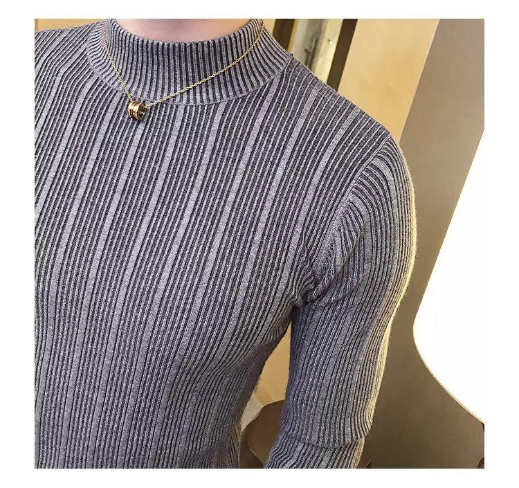 2026 Men's Striped Slim-Fit Knitwear: Autumn/Winter Long-Sleeved Half-High Neck Base Layer