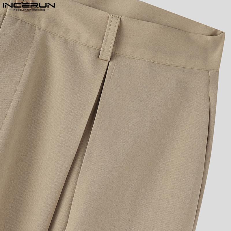 INCERUN Men Zipper Button Waist Solid Pleated Casual Long Pants Trousers